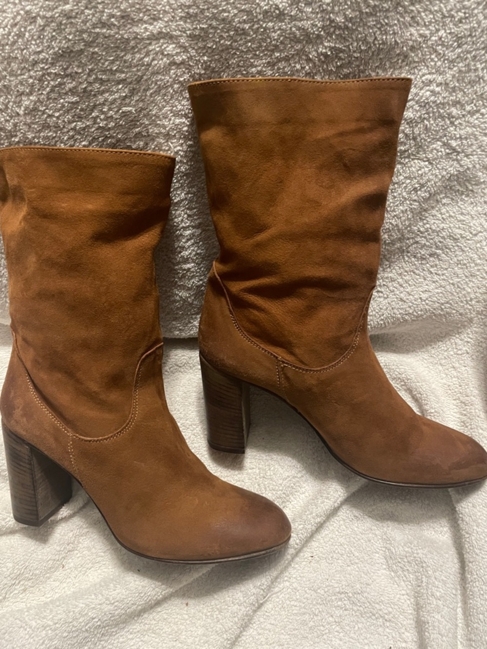 Free People Cognac Suede Mid-Calf Block Heel distressed Boots